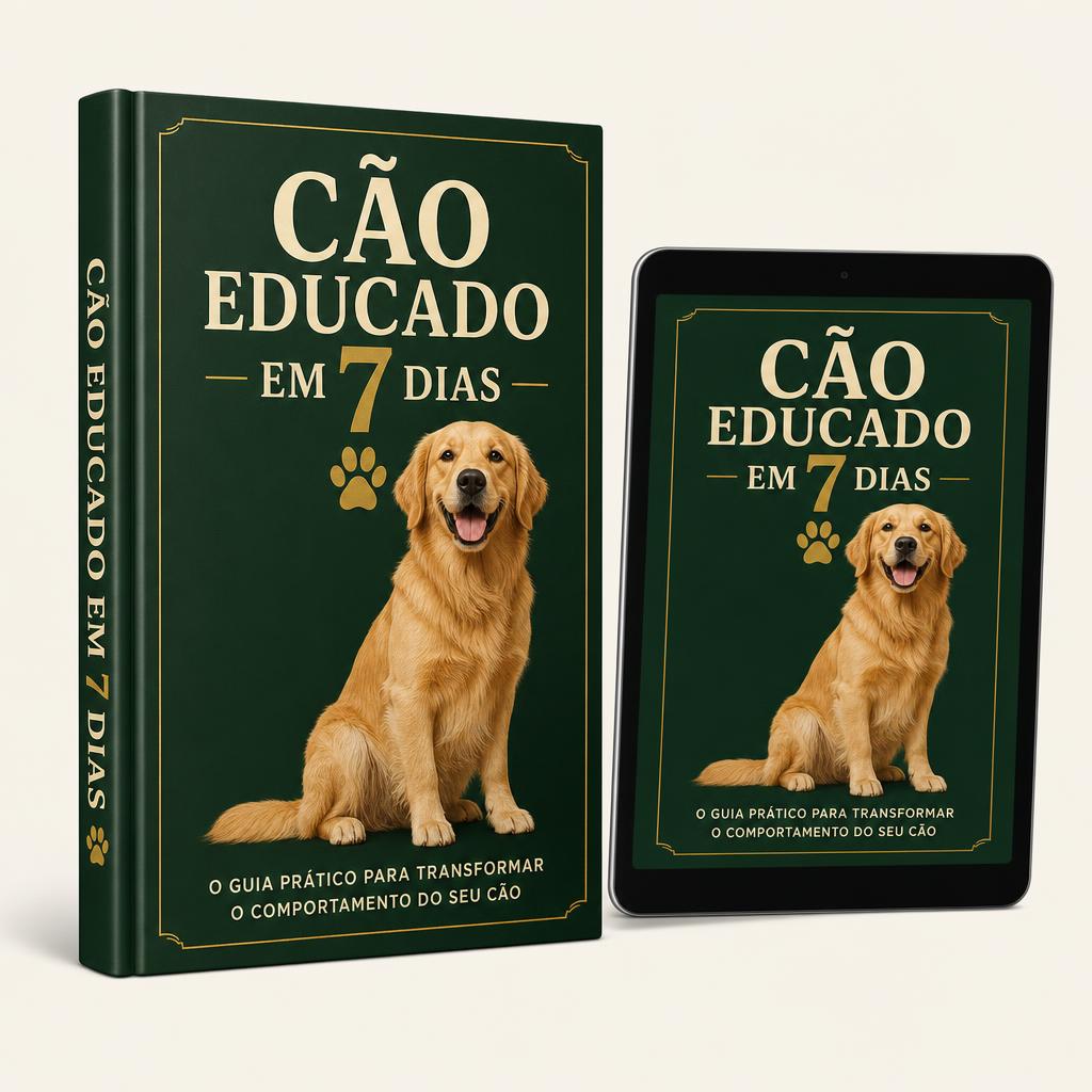 Mockup 3D do e-book Cão Educado em 7 Dias em versão impressa e em tablet