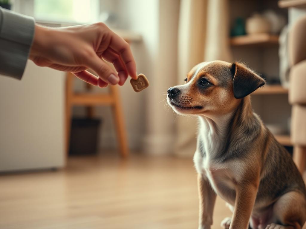 Tutor recompensando cão com petisco durante treino de reforço positivo